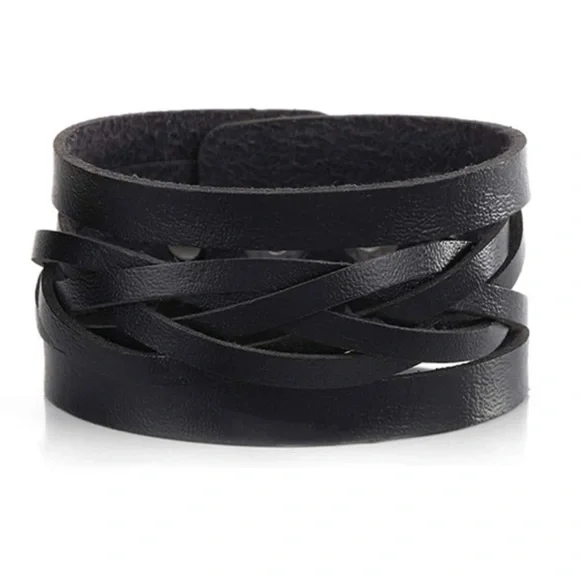 Men Black Leather Wide Bracelet - Picture 3 of 6
